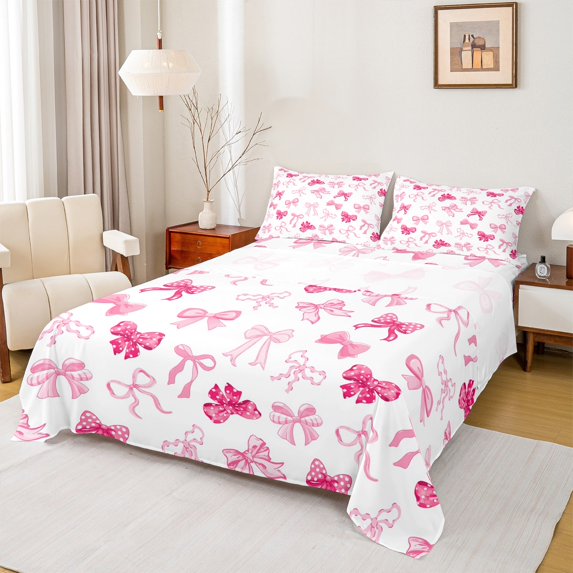 Erosebridal Cartoon Bowtie Bed Sheets Full,Bow Knot Pattern Bedding Sets Full Size,White Pink Sheet Set Full,Super Cozy Room Decoration,4 Pieces