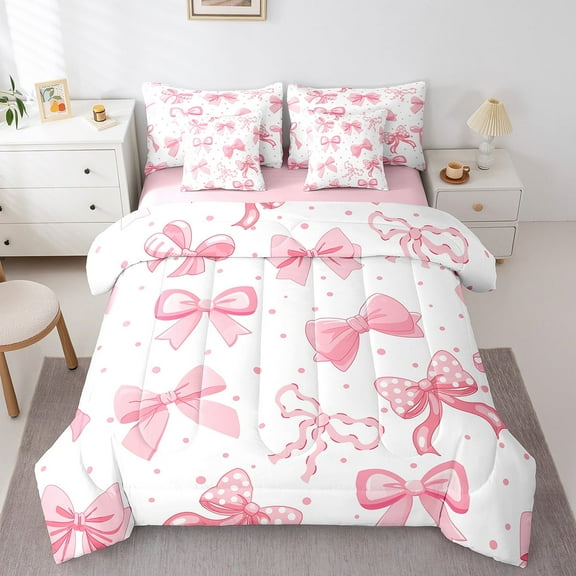 Erosebridal Cartoon Bowtie Bedding Twin Size,Geometric Dot Print Comforter Sets with Sheets,White Pink Bedding Sets Twin Size,Super Cozy Room Decoration Reversible,7pcs