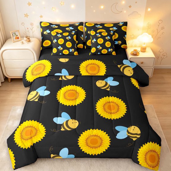 Erosebridal Cartoon Bug Bee 7 Pieces Full Size Bedding Sets,Graceful Sunflower Floral Full Size Bed in a Bag,Black Blue,Black Reversible