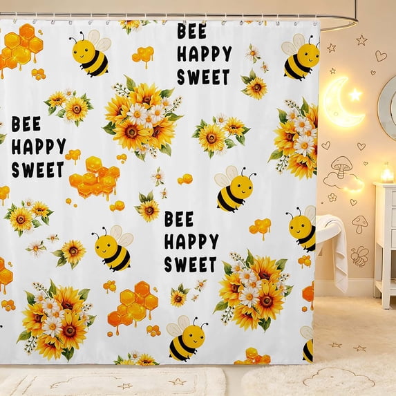 Erosebridal Cartoon Bug Bee Shower Curtain 72Wx84L,Cute Sunflower Floral Bathroom Shower Curtain,White Orange