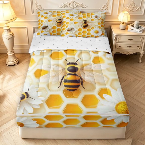 Erosebridal Cartoon Bug Bee Zipper Twin Comforter Sets with Fitted Sheet and 2 Pillowcases,Retro Geometric Honeycomb Zipper Bedding Set,Cream Yellow,Reversible,4pcs