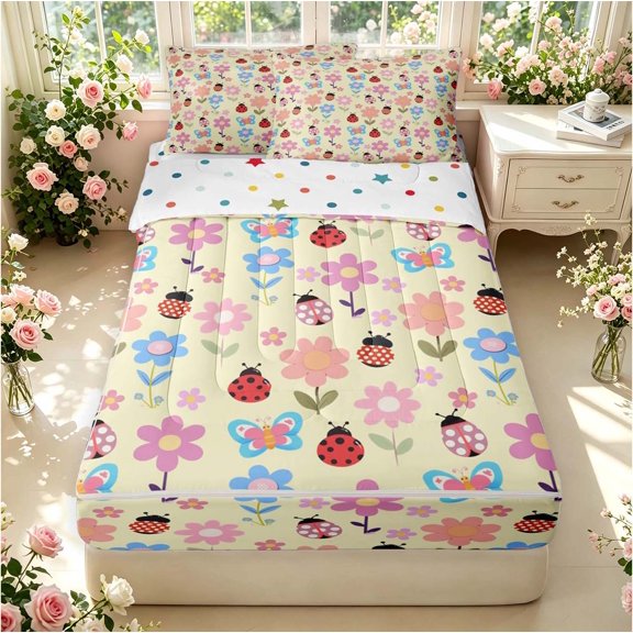 Erosebridal Cartoon Bug Ladybug Zipper Twin Comforter Sets with Fitted Sheet and 2 Pillowcases,Retro Flower Zipper Bedding Set,Cream Pink,Polkadot Reversible,4pcs