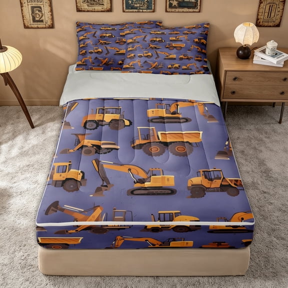 Erosebridal Cartoon Builder Print Zipper Twin Comforter Sets with Fitted Sheet and 2 Pillowcases for Boys, Yellow Purple Construction Zipper Bedding Set, Gray Reversible, 4 Pieces