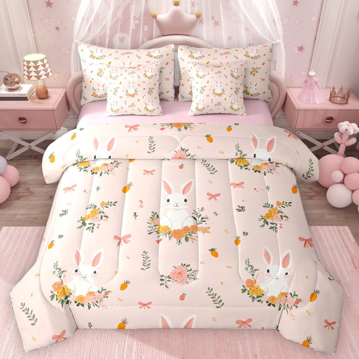 Erosebridal Cartoon Bunnies Bedding Comforter Set for Girls, Cute ...