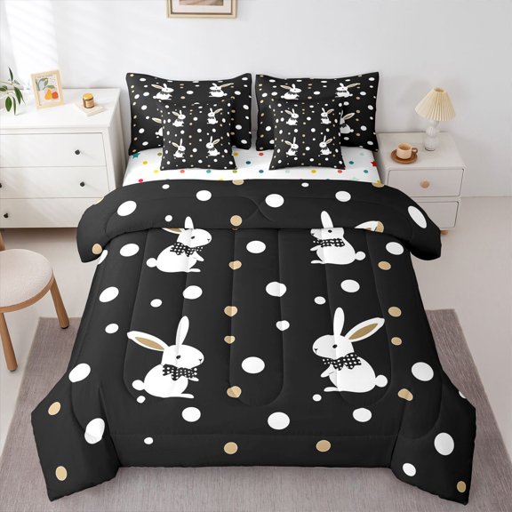 Erosebridal Cartoon Bunny Rabbit 7-Piece Twin Bedding Sets,Modern Geometric Circle Bedding Comforter Set For Kids,Happy Easter Theme Reversible