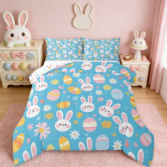 Erosebridal Cartoon Bunny Rabbit Queen Comforter Set For Girls,Happy Easter Eggs Kids Bedding Comforter Set Reversible 3-Piece