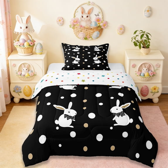 Erosebridal Cartoon Bunny Rabbit Twin Comforter Sets,Modern Geometric Circle Bedding Set For Kids,Happy Easter Theme Reversible 2 Pieces