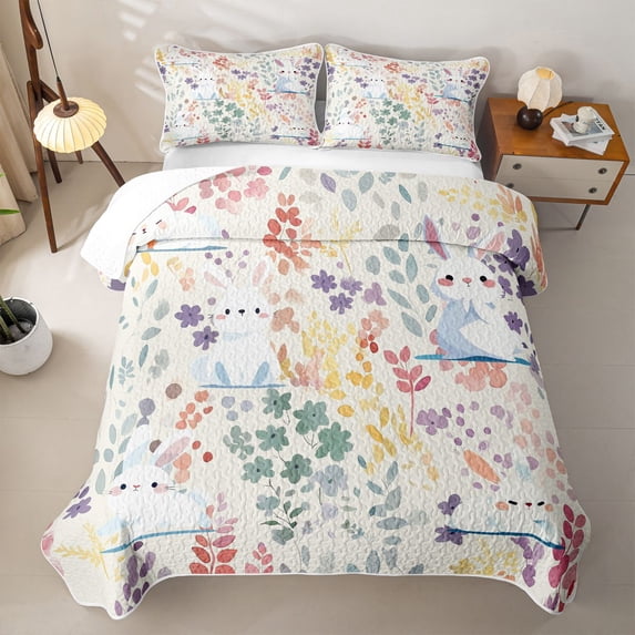 Erosebridal Cartoon Bunny Rabbit Twin Quilt Set for Girls, Kawaii Floral Leaf Twin Coverlet Set, 2 Pieces