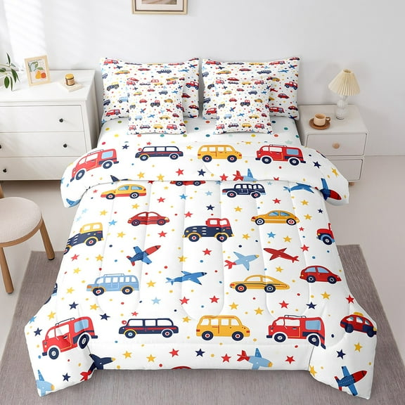 Erosebridal Cartoon Bus Bed in a Bag Twin size, Colorful Car Bed Set, Vehicle Reversible Bedding Twin Size, Ultra Soft Bedroom Decoration, 7-Piece