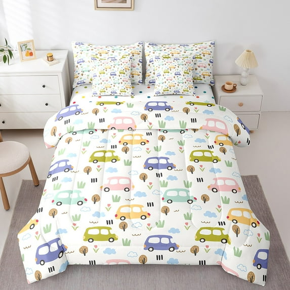 Erosebridal Cartoon Bus Bedding Sets King Size, Vehicle Truck Bedding King Size, Rustic Flower Reversible Comforter Sets with Sheets, Ultra Soft Bedroom Decoration, 7-Piece