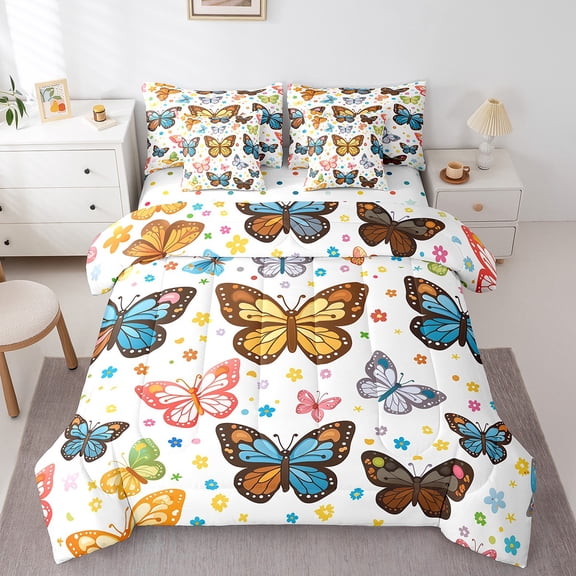 Erosebridal Cartoon Butterfly Bed in a Bag Full size, Cute Floral Bed Set, Farmhouse Decor, Reversible 7 Pieces
