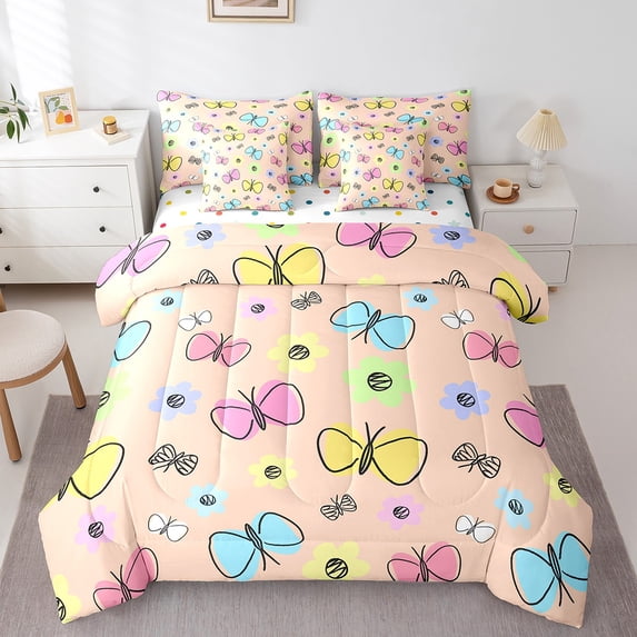 Erosebridal Cartoon Butterfly Bedding Sets Twin Size,Kawaii Cute Comforter Sets with Sheets,Lightweight Reversible Bed in a Bag Twin size,Cute Room Decorative,7pcs