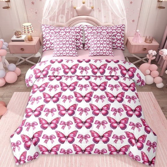 Erosebridal Cartoon Butterfly Pattern 7-Piece Bedding Comforter Set,Pink Bowknot Glitter Print King Bedding Sets For Girls,Reversible