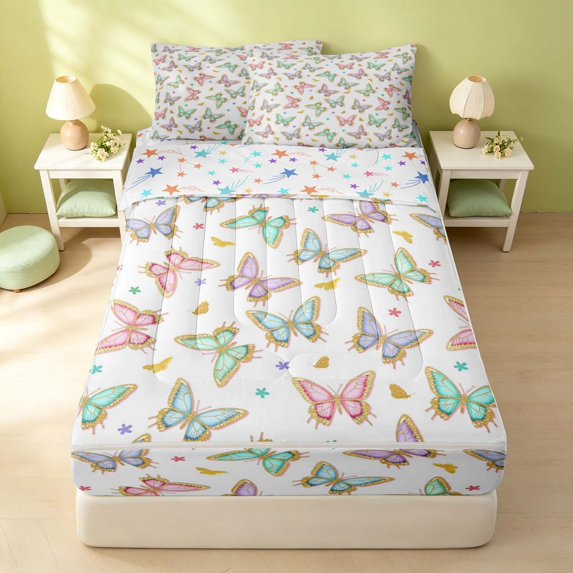 Erosebridal Cartoon Butterfly Zipper Twin Comforter Sets with Fitted Sheet and 2 Pillowcases, Chic Animal Zipper Bedding Set, Stars Reversible, Pastel Gold, Stars Reversible