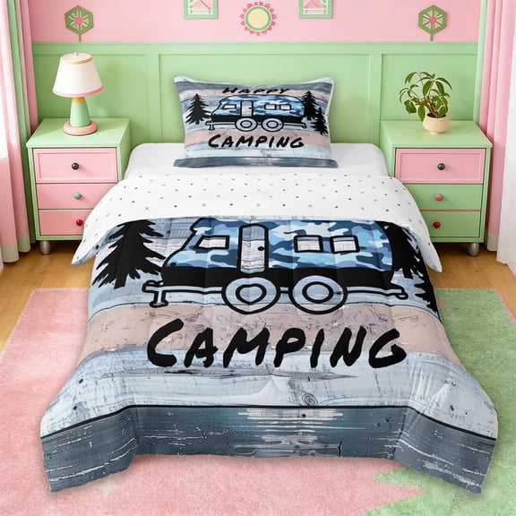 Erosebridal Cartoon Camo Camper Twin Comforter Sets For Travel Trailers,Rustic Farmhouse Camping Adventure Bedding Set For Boy,Reversible,2-Piece