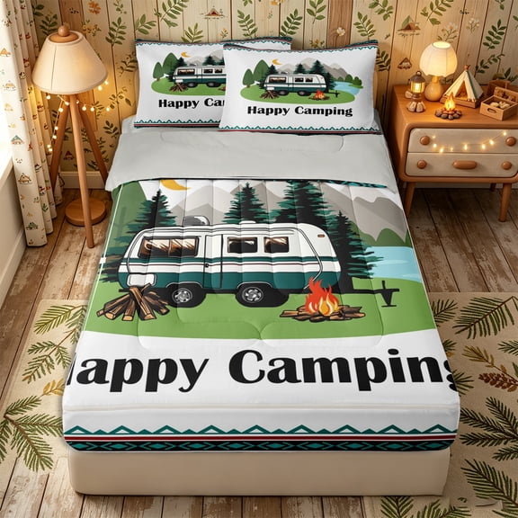 Erosebridal Cartoon Camper Pattern Zipper Twin Comforter Sets with Fitted Sheet and 2 Pillowcases,Happy Camping Zipper Bedding Set,Green Red,Grey Reversible