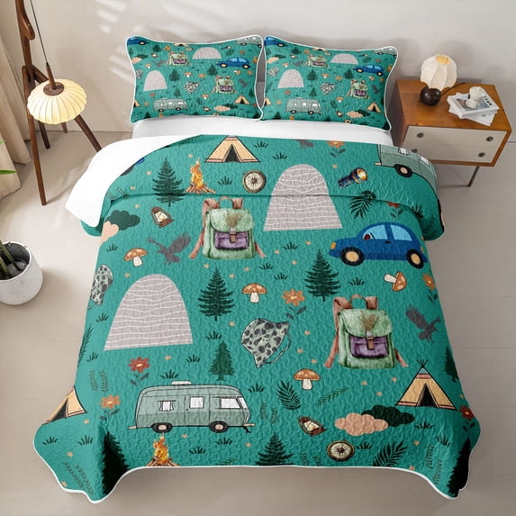 Erosebridal Cartoon Camper RV Quilt Full For Travel Trailers,Happy Camping Outdoor Adventure Full Bedspread Sets,3pcs