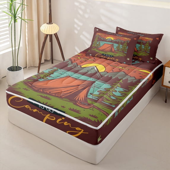 Erosebridal Cartoon Camper RV Zipper Queen Comforter Set with Fitted Sheet and 2 Pillowcases for Boys Girls, Natural Adventure Zipper Bedding Set