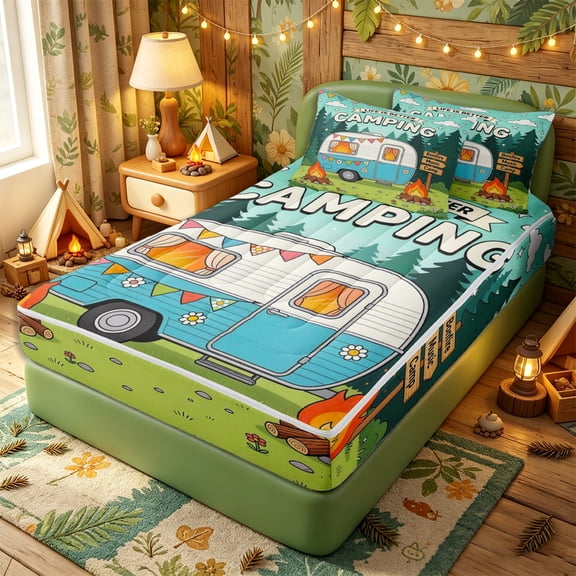 Erosebridal Cartoon Camper Van Print Zipper Twin Comforter Sets with Fitted Sheet and 2 Pillowcases,Forest Bonfire Flag Accent Zipper Bedding Set,Teal Green,4-Piece,Reversible