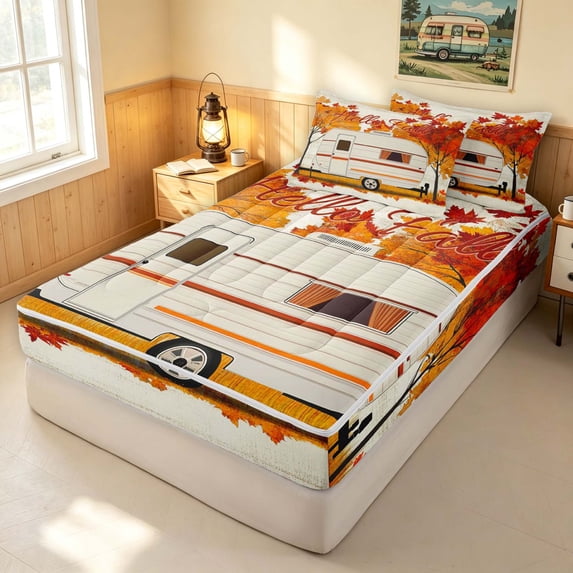 Erosebridal Cartoon Camper Zipper Queen Comforter Set with Fitted Sheet and 2 Pillowcases, Hello Fall Print Zipper Bedding Set, Halloween Reversible