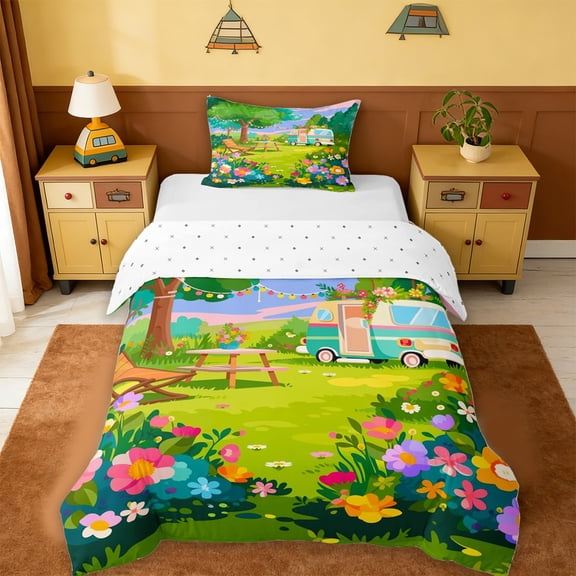 Erosebridal Cartoon Camping Camper Twin Bedding,Colorful Flowers Blossom Duvet Cover Set For Girls Kids,Reversible,2pcs(No Comforter)
