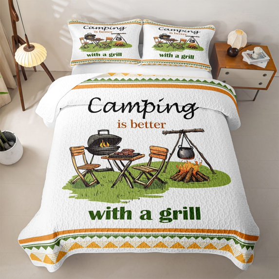 Erosebridal Cartoon Camping Quilt King for Boys Girls, Outdoor Grill Print King Coverlet Set, Green White, 3 Pieces