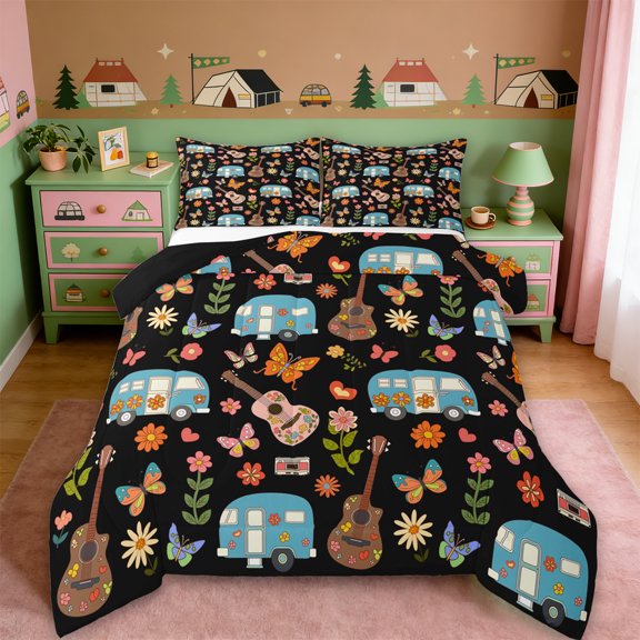 Erosebridal Cartoon Camping RV Queen Comforter Set For Camper Lover,Colorful Cute Flowers Bedding Comforter Set For Girls Kids,Reversible black,3-Piece