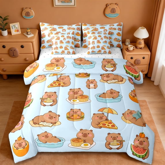 Erosebridal Cartoon Capybara 7-Piece Bedding Comforter Set,Cute Animal Print King Bedding Sets For Kids Reversible