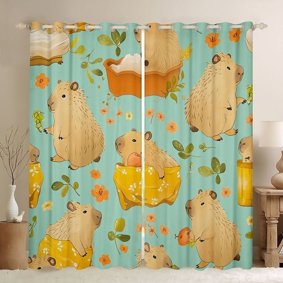 Erosebridal Cartoon Capybara Animal Curtains Pack of 2 (42x84 Each) For Boys Girls,Fruit Orange Flowers Curtains Blackout For Kids,Lightweight Room Decor