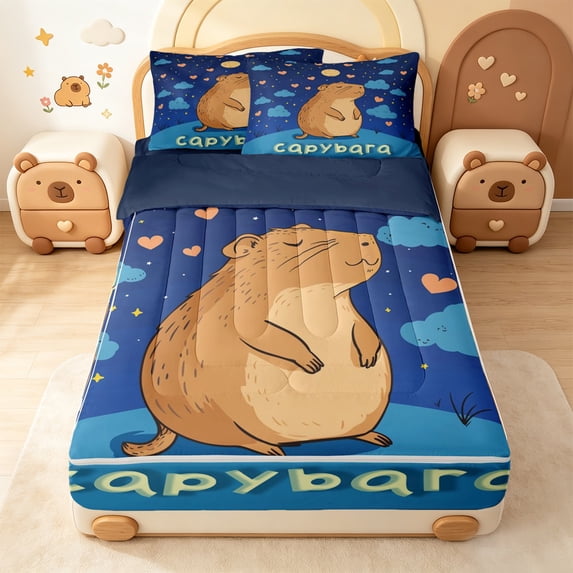 Erosebridal Cartoon Capybara Animals Zipper Twin Comforter Sets with Fitted Sheet and 2 Pillowcases,Night Moon Heart Art Zipper Bedding Set For Girls,Navy Blue Reversible,4 Pieces