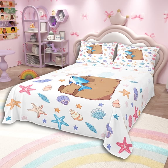 Erosebridal Cartoon Capybara Bed Sheets 4pcs For Kids,Kawaii Ocean Fish Seashell Starfish King Sheets For Boys Girls,Breathable Home Decor
