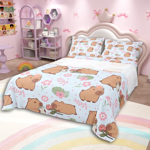 Erosebridal Cartoon Capybara Bed Sheets 4pcs For Kids,Pink Flowers Green Leaves King Sheets For Boys Girls,Super Cozy Room Decor