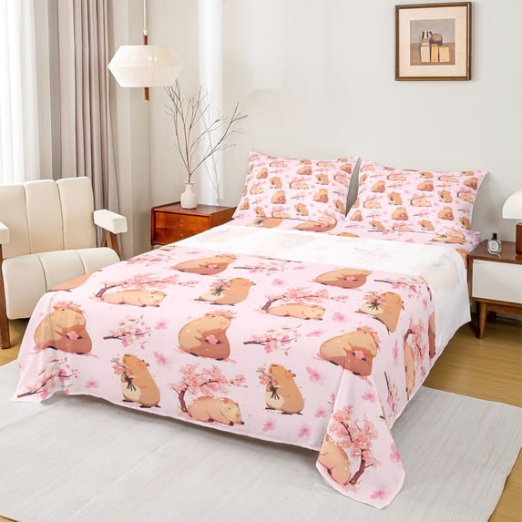 Erosebridal Cartoon Capybara Bed Sheets For Kids,Pink Cherry Blossom King Sheets For Cute Animals Lover 4-Piece