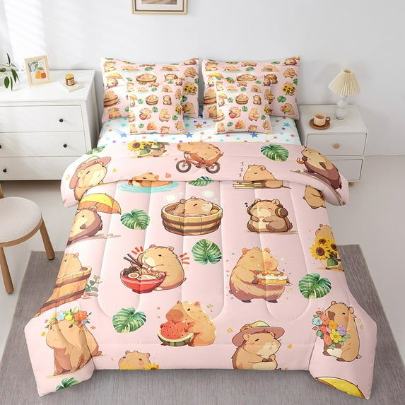 Erosebridal Cartoon Capybara Bedding Sets Twin Size,Tropical Leaves Comforter Sets with Sheets,Animal Room Decorative,Reversible,Lightweight,7-Piece