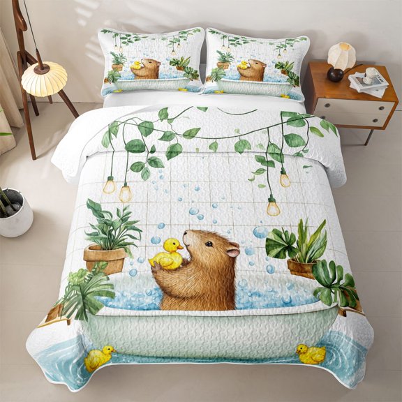 Erosebridal Cartoon Capybara Bubble Bath Bed Spread Queen,Kawaii Yellow Duck Queen Coverlet Set for Boys Girls