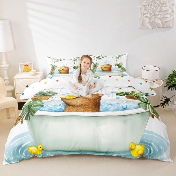 Erosebridal Cartoon Capybara Bubble Bath Duvet Cover Set For Kids,Kawaii Yellow Duck Bedding Full For Children Boys Girls,3-Piece,No Comforter,Ultra Soft Home Decor
