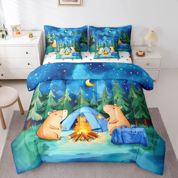 Erosebridal Cartoon Capybara Camping Twin Bedding Sets 7-Piece For Kids,Kawaii Animal Adventure Theme Bedding Comforter Set For Boys Girls,Lightweight Room Decor
