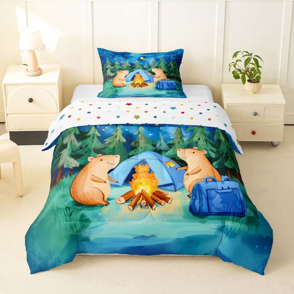 Erosebridal Cartoon Capybara Camping Twin Comforter Sets 3-Piece For Kids,Kawaii Animal Adventure Theme Bedding Set For Boys Girls,Lightweight Room Decor
