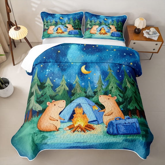 Erosebridal Cartoon Capybara Camping Twin Quilt Set,Kawaii Animal Adventure Theme Twin Coverlet Set for Boys Girls