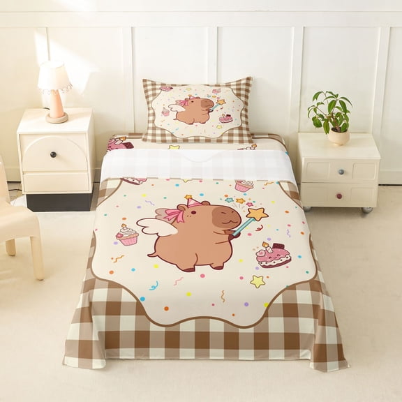 Erosebridal Cartoon Capybara Dessert Twin Sheet Sets 3pcs For Child Boys Girls,Kids Happy Birthday Bedding,Luxury Bedroom Decor