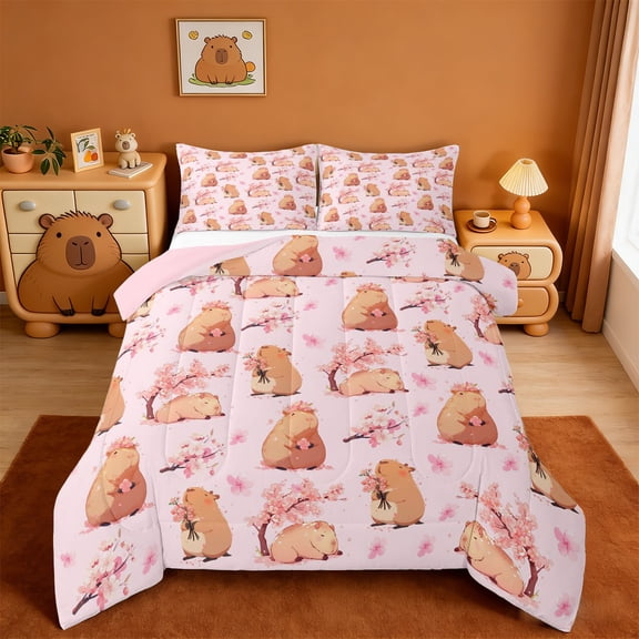 Erosebridal Cartoon Capybara Full Size Comforter Sets For Kids,Pink Cherry Blossom Bedding Sets For Cute Animals Lover ,Reversible Pink 3 Pieces