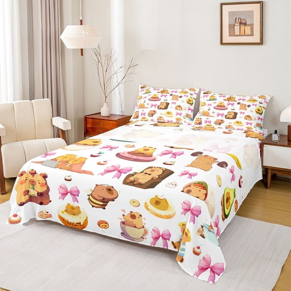 Erosebridal Cartoon Capybara Kid Full Size Sheets, Pink Princess Bowknot Bed Sheets, 4pcs