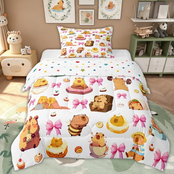 Erosebridal Cartoon Capybara Kid Twin Comforter Sets, Pink Princess Bowknot Bedding Set, 2pcs