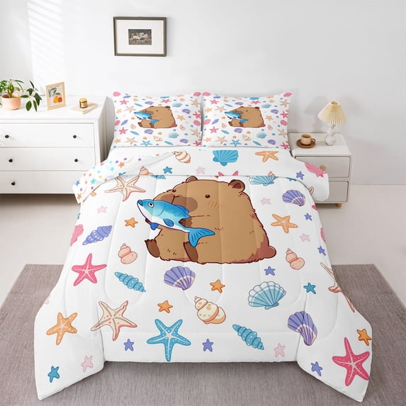 Erosebridal Cartoon Capybara Queen Comforter Set 3pcs For Kids,Kawaii Ocean Fish Seashell Starfish Bedding Comforter Set For Boys Girls,Breathable Home Decor
