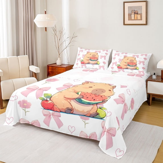 Erosebridal Cartoon Capybara Queen Sheet Sets,Watermelon Apple Pattern Bed Set For Capybara Lovers 4pcs
