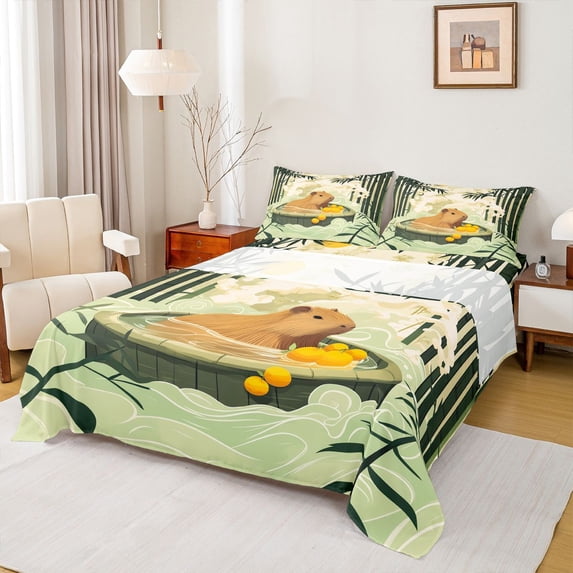 Erosebridal Cartoon Capybara Queen Sheet Sets for Kids, Green Tree Leaf Bed Set, 4-Piece