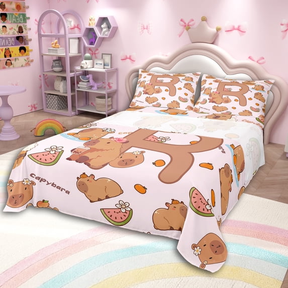 Erosebridal Cartoon Capybara R Letter Monogrammed Bed Sheets 4pcs For Kids Boys Girls,Cute Animal Funny Food King Sheets,Breathable Home Decor