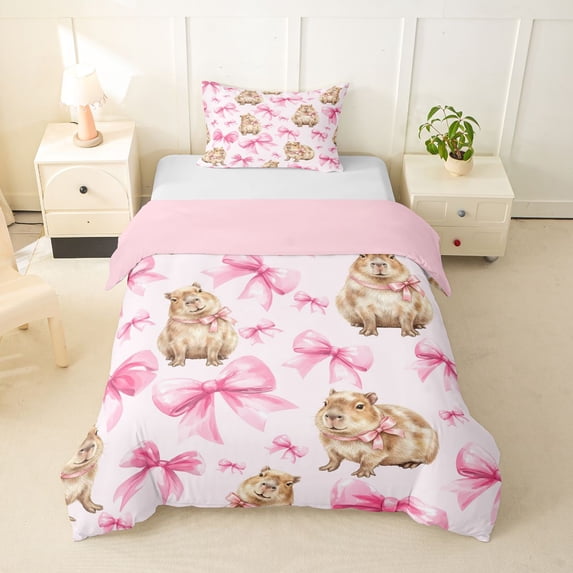 Erosebridal Cartoon Capybara Twin Bedding For Kids,Pink Ribbon Bow Tie Duvet Cover Set For Children Boys Girls,2pcs,No Comforter,Pink Reversible