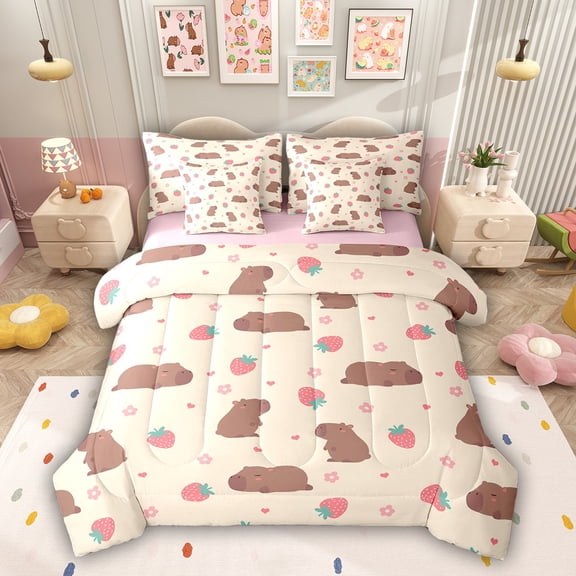 Erosebridal Cartoon Capybara Twin Bedding Sets for Kids, Kawaii Strawberry Stars Bedding Comforter Set, Pink Reversible, 7pcs