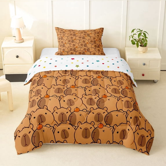 Erosebridal Cartoon Capybara Twin Comforter Sets 3-Piece For Kids,Kawaii Animal With Fruit Orange Bedding Set For Boys Girls,Luxury Bedroom Decor
